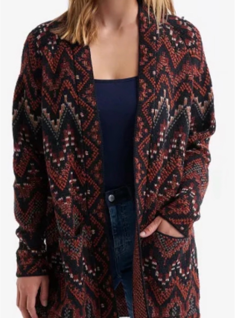 Lucky Brand Long Ikat Cardigan Rust Multi Chevron Open-Front Western - Medium